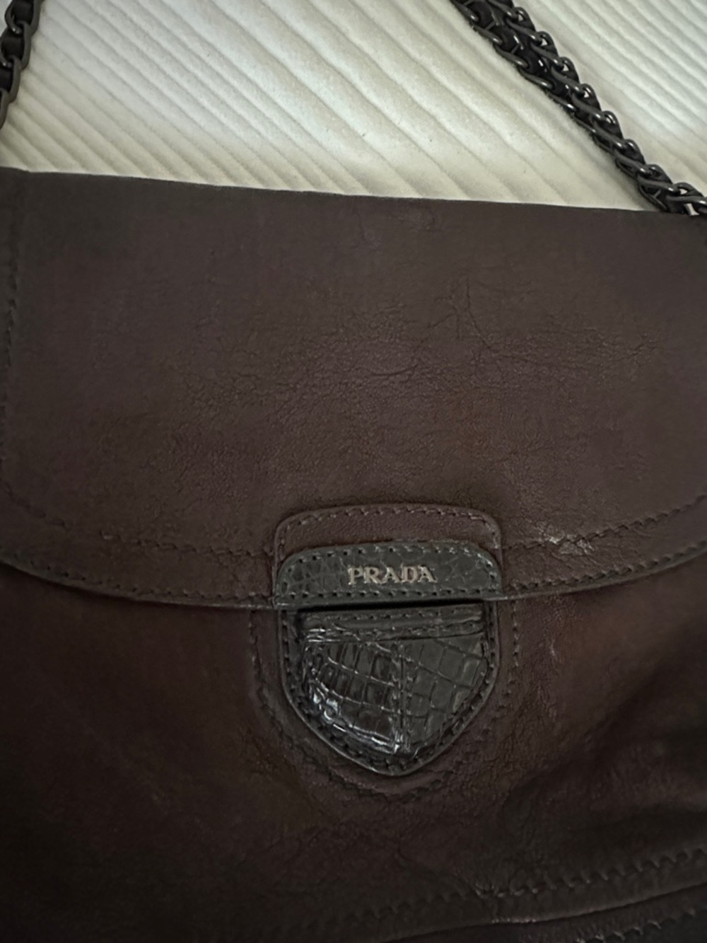 Prada Authentic Chocolate Brown Leather Shoulder Bag with Gunmetal Chain